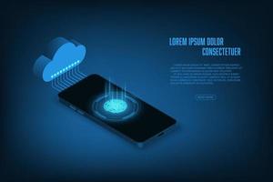 Vector cloud storage futuristic concept with smartphone. Technology abstract background.