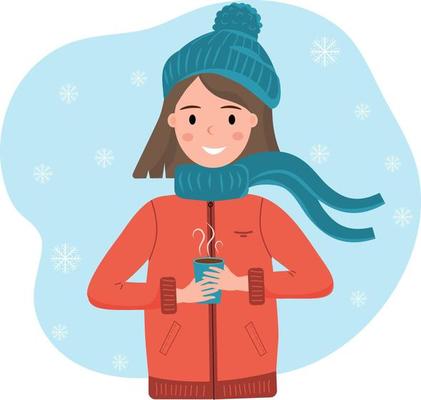 Happy smiling girl in winter cloth with cup of hot drink in her hands. Falling snowflakes. Girl in warm cloth. Winter mood. Hello winter. Vector illustration.