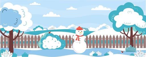 Banner with garden landscape at winter time. Trees, bushes, grass, lawn under snow. Backyard of the house with snowman, fence, birds at winter. Countryside landscape.