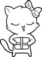 gato de niña de dibujos animados con regalo de navidad vector