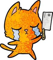 crying cartoon cat with cleaver vector