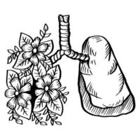 Lungs with flowers hand drawing illustration. vector