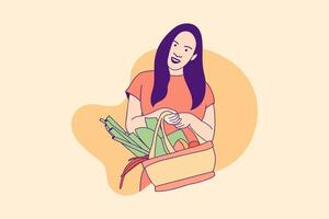 ilustraciones hermosa mujer sosteniendo cesta de picnic comida para el concepto de diseño del día mundial de la alimentación vector