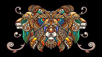 Colorful triple heads lion mandala arts isolated on black background vector