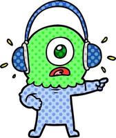 cartoon cyclops alien spaceman pointing wearing headphones vector