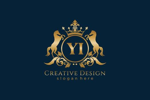 initial YI Retro golden crest with circle and two horses, badge template with scrolls and royal crown - perfect for luxurious branding projects vector