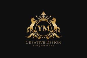 initial YM Retro golden crest with circle and two horses, badge template with scrolls and royal crown - perfect for luxurious branding projects vector