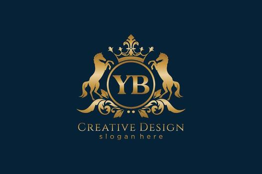 initial YB Retro golden crest with circle and two horses, badge template with scrolls and royal crown - perfect for luxurious branding projects vector