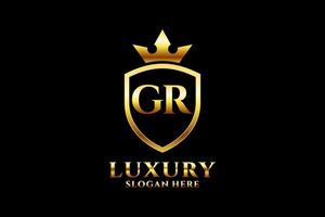 initial GR elegant luxury monogram logo or badge template with scrolls and royal crown - perfect for luxurious branding projects vector