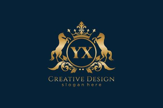 initial YX Retro golden crest with circle and two horses, badge template with scrolls and royal crown - perfect for luxurious branding projects vector