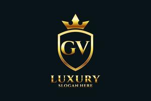 initial GV elegant luxury monogram logo or badge template with scrolls and royal crown - perfect for luxurious branding projects vector