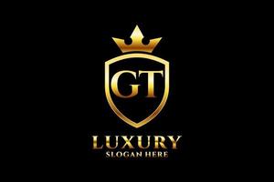 initial GT elegant luxury monogram logo or badge template with scrolls and royal crown - perfect for luxurious branding projects vector
