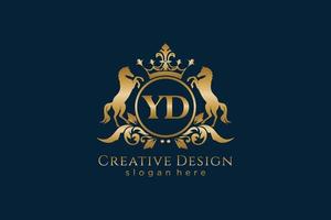 initial YD Retro golden crest with circle and two horses, badge template with scrolls and royal crown - perfect for luxurious branding projects vector