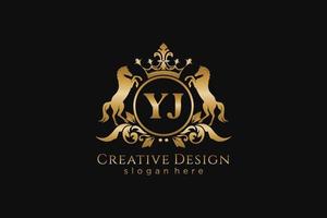 initial YJ Retro golden crest with circle and two horses, badge template with scrolls and royal crown - perfect for luxurious branding projects vector