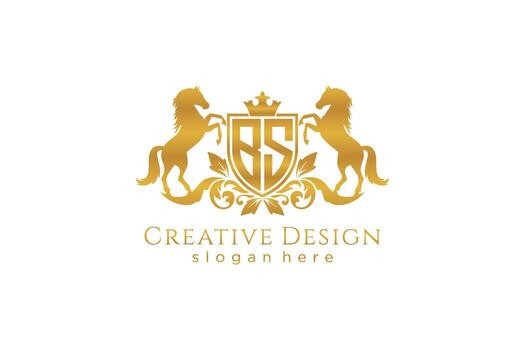 initial BS Retro golden crest with shield and two horses, badge template with scrolls and royal crown - perfect for luxurious branding projects vector