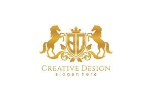 initial BQ Retro golden crest with shield and two horses, badge template with scrolls and royal crown - perfect for luxurious branding projects vector