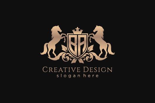 initial BA Retro golden crest with shield and two horses, badge template with scrolls and royal crown - perfect for luxurious branding projects vector