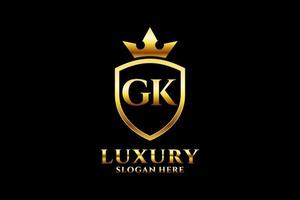 initial GK elegant luxury monogram logo or badge template with scrolls and royal crown - perfect for luxurious branding projects vector