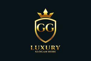 initial GG elegant luxury monogram logo or badge template with scrolls and royal crown - perfect for luxurious branding projects vector