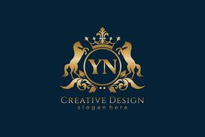 initial YN Retro golden crest with circle and two horses, badge template with scrolls and royal crown - perfect for luxurious branding projects vector