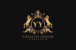 initial YY Retro golden crest with circle and two horses, badge template with scrolls and royal crown - perfect for luxurious branding projects vector