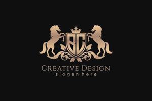 initial BC Retro golden crest with shield and two horses, badge template with scrolls and royal crown - perfect for luxurious branding projects vector