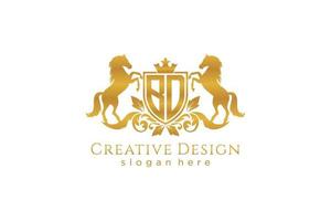 initial BD Retro golden crest with shield and two horses, badge template with scrolls and royal crown - perfect for luxurious branding projects vector