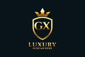 initial GX elegant luxury monogram logo or badge template with scrolls and royal crown - perfect for luxurious branding projects vector
