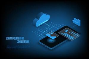 Vector cloud storage concept with data transmission futuristic with smartphone. Technology abstract background.