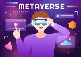 la tecnología de realidad virtual digital metaverse usa gafas vr para futuras innovaciones y comunicaciones en dibujos animados planos dibujados a mano vector