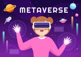 Metaverse Digital Virtual Reality Technology wears VR Glasses for Future Innovation and Communication in Hand Drawn Flat Cartoon Illustration vector