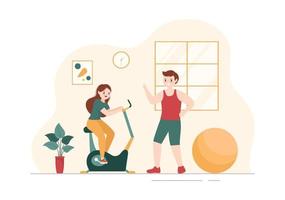 plantilla de ilustración plana de dibujos animados dibujados a mano de entrenador personal o instructor deportivo con trabajo que ayuda a estirar, estar en forma y corregir la postura vector