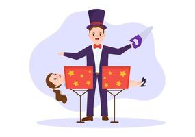 Magician Illusionist Conjuring Tricks and Waving a Magic Wand above his Mysterious Hat on a Stage in Template Hand Drawn Cartoon Flat Illustration vector