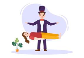 Magician Illusionist Conjuring Tricks and Waving a Magic Wand above his Mysterious Hat on a Stage in Template Hand Drawn Cartoon Flat Illustration vector