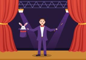 Magician Illusionist Conjuring Tricks and Waving a Magic Wand above his Mysterious Hat on a Stage in Template Hand Drawn Cartoon Flat Illustration vector