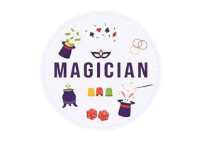 Magician Illusionist Conjuring Tricks and Waving a Magic Wand above his Mysterious Hat on a Stage in Template Hand Drawn Cartoon Flat Illustration vector