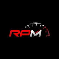 Simple letter or word RPM italic font with speedometer needle image graphic icon logo design abstract concept vector stock. Can be used as symbol related to sportcar or workshop