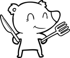 dibujos animados de oso sonriente con cuchillo y tenedor vector