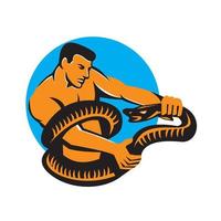 hombre peleando boa constrictor serpiente retro vector