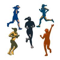 conjunto retro de corredores de maratón femenino vector