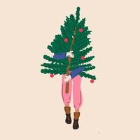 Girl with christmas tree  on white background isolated. Vector illustration