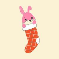 Christmas bunny is sitting in a Christmas stocking for presents.  Icon vector, clip art vector, hand drawn vector