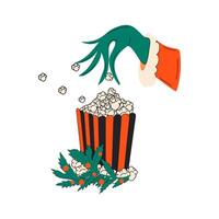 Grinch's hand takes popcorn. The concept of watching a Christmas movie. Vector on isolated background, icon vector, clip art vector, hand drawn