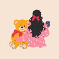The girl sits with a teddy bear wrapped in a garland. Vector in cartoon style. All elements are isolated
