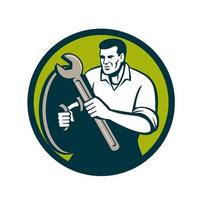 Mechanic Brandishing Spanner Wrench Circle Retro vector