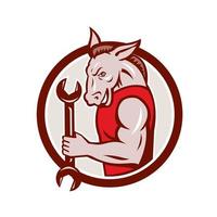 Donkey Mechanic Spanner Mascot Circle Retro vector