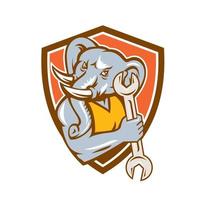 Elephant Mechanic Spanner Mascot Shield Retro vector