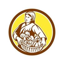 Female Organic Farmer Basket Harvest Retro vector