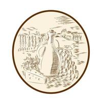 Olive Oil Jar Cheese Tuscan Countryside Etching vector