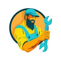 Bearded Mechanic Holding Spanner Circle WPA vector